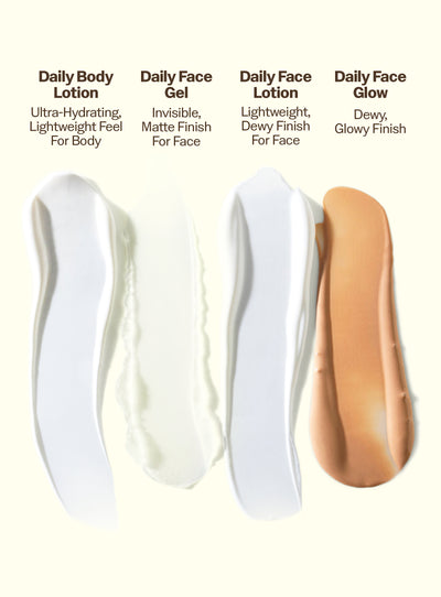 Four cosmetic products with labels for Daily Body Lotion, Daily Face Gel, Daily Face Lotion, and Daily Face Glow on a white background.