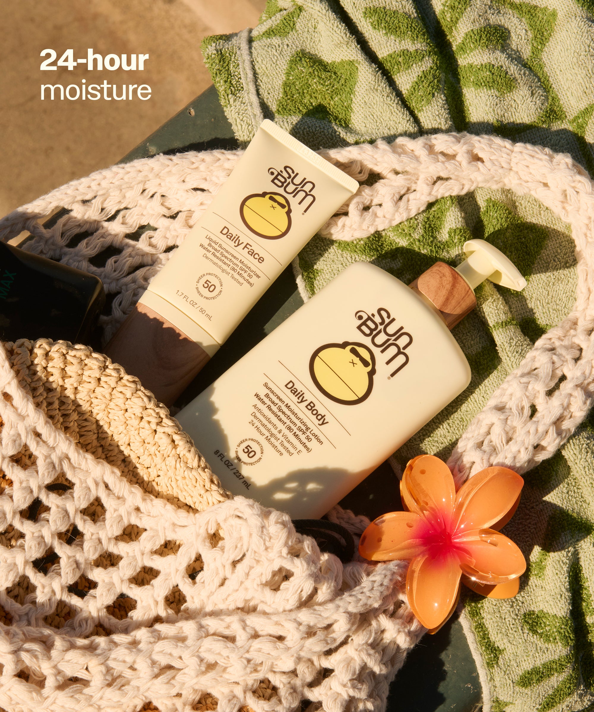 Sun Bum Daily 50 Body + Face 50 Lotion with SPF 50, providing 24-hour moisture and antioxidant protection.