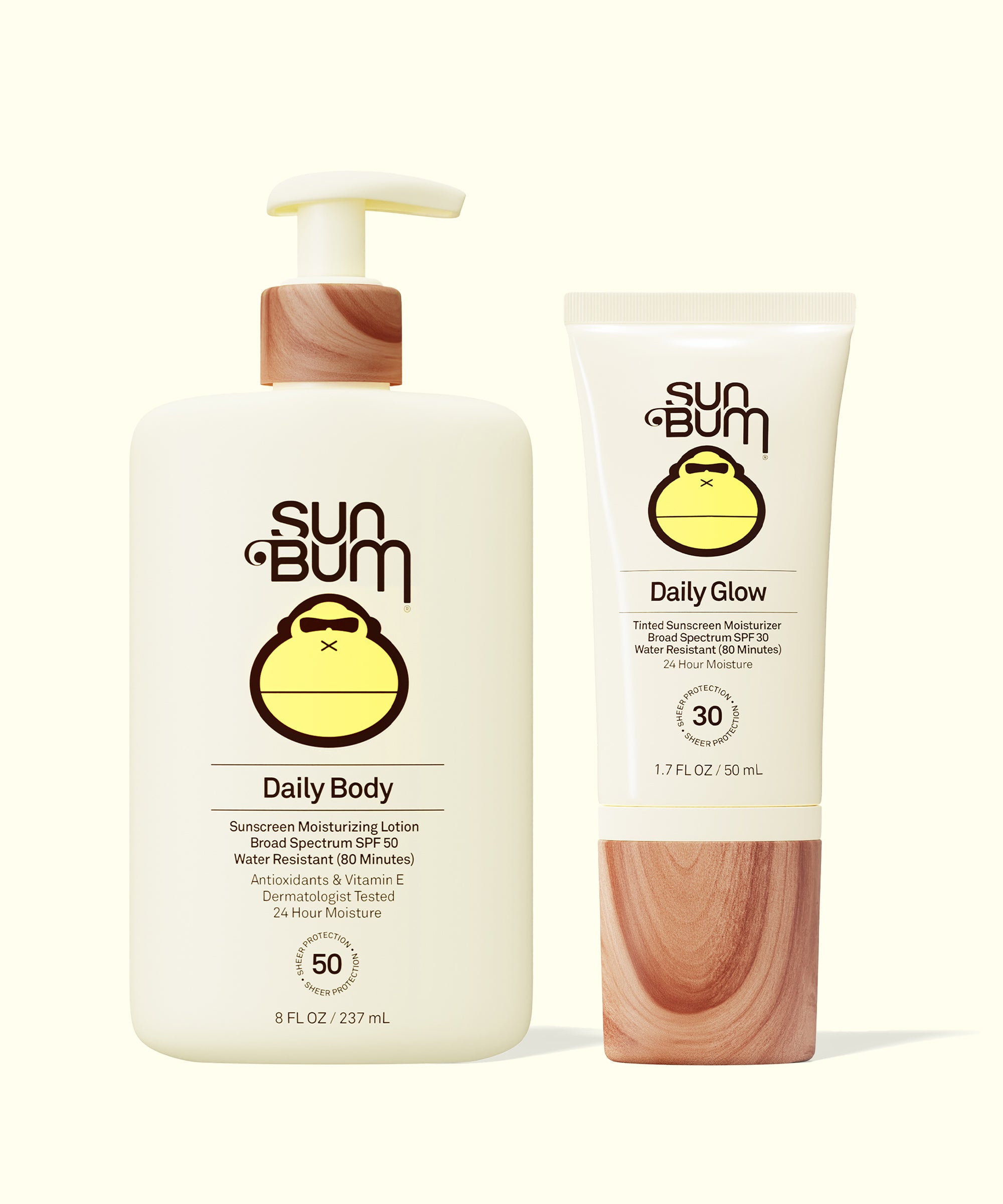 Sun Bum Daily Body + Glow Bundle with moisturizing sunscreen lotion and tinted moisturizer SPF 30 and SPF 50