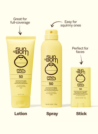 Sun Bum Kids sunscreen products including lotion, spray, and stick on a white background