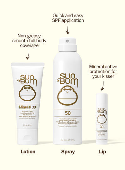 Sun Bum sunscreen products including lotion, spray, and lip balm on a white background.