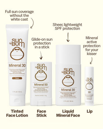 Sun Bum mineral sunscreen products including lotion, stick, and face stick on a white background.