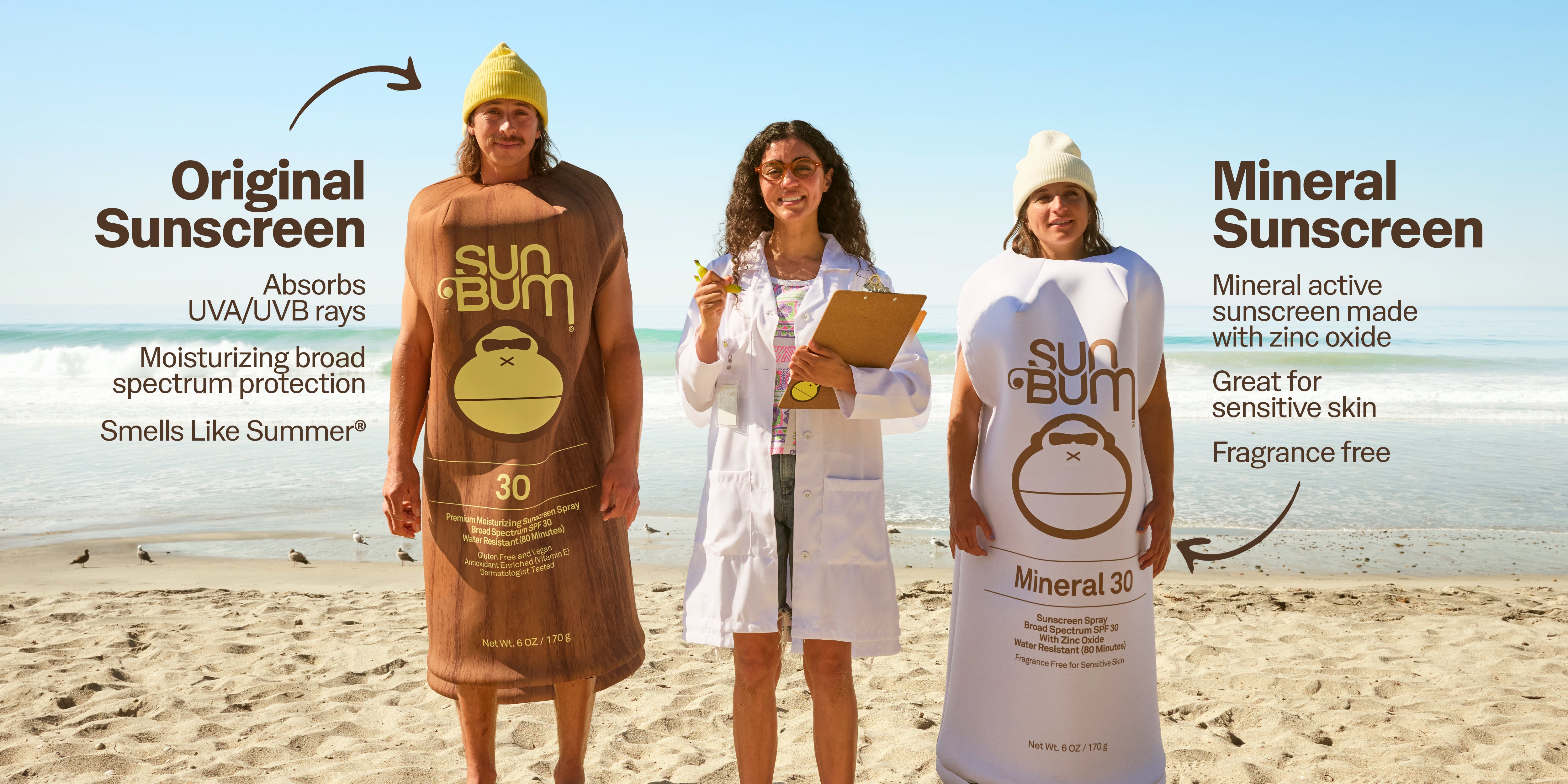 Two people wearing Sun Bum sunscreen products on a beach with text explaining original and mineral sunscreen.