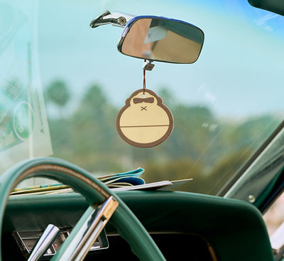 Car air freshener hanging from a mirror with a scenic background