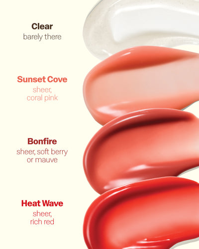 Lipstick swatches labeled 'Clear', 'Sunset Cove', 'Bonfire', and 'Heat Wave' on a white background.