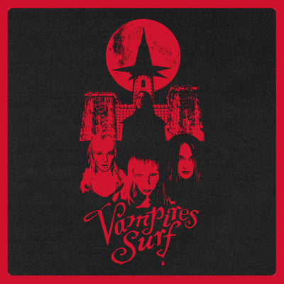 A square graphic print or album-cover-style design with a black background, red border, and red printed artwork featuring a witch hat, castle silhouette, three faces, and the text 'Vampires Surf'.