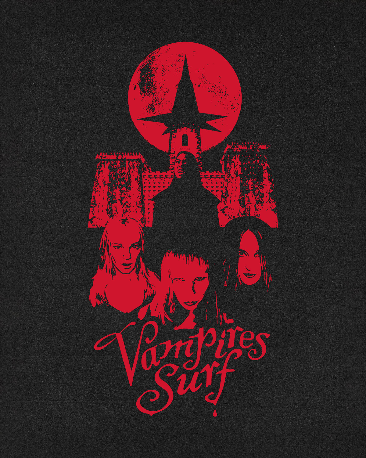 A black graphic print featuring a red distressed design with a witch's hat and castle silhouette under a red full moon, three stylized faces, and the text 'Vampires Surf' in red script.