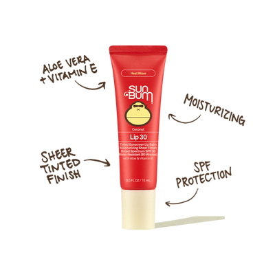Sun Bum lip balm tube with text highlighting features on a white background