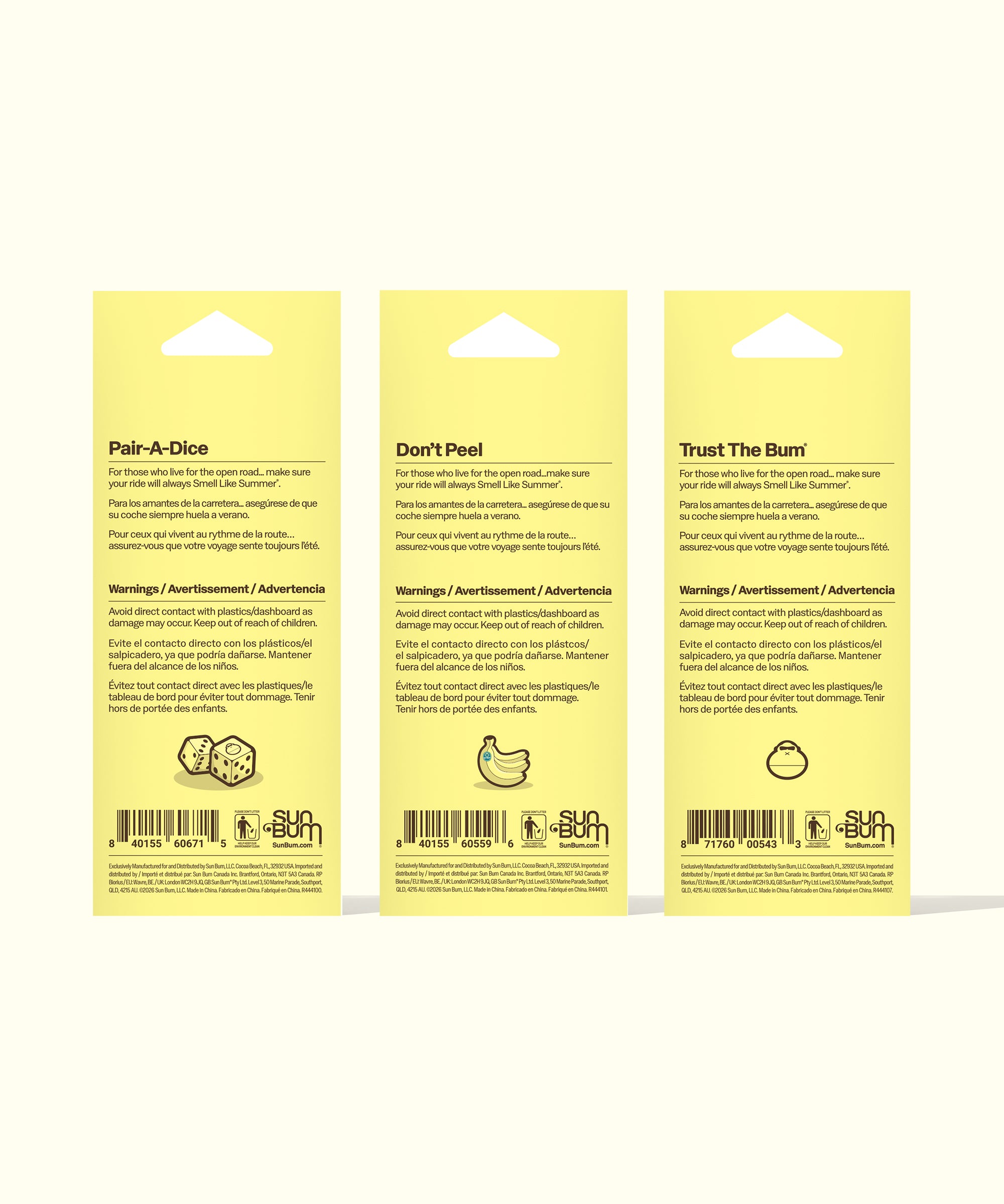 Sun Bum Air Freshener Bundle showing the backs with product usage tips and warnings on yellow packaging.