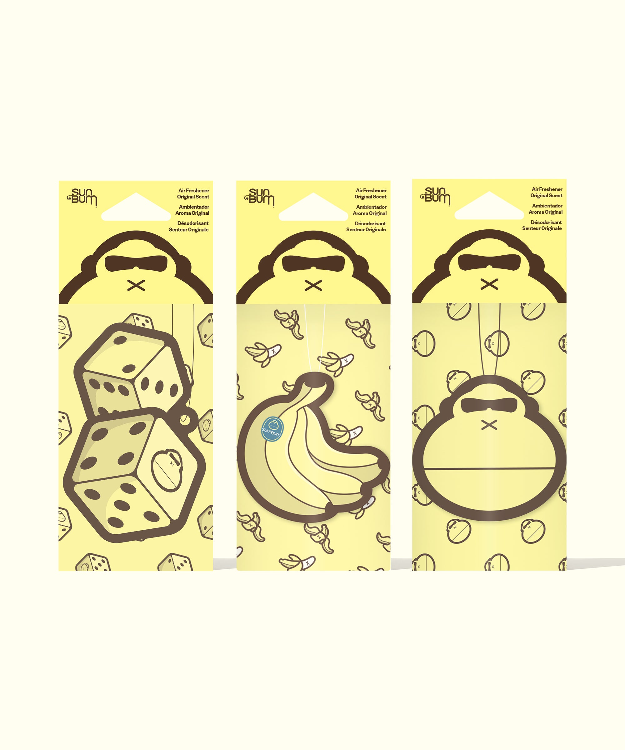 Sun Bum Air Freshener Bundle showing three yellow air fresheners with dice, banana, and monkey face designs.
