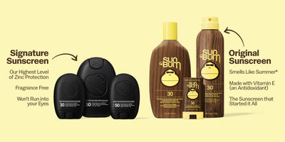 Sun Bum sunscreen products on a yellow background