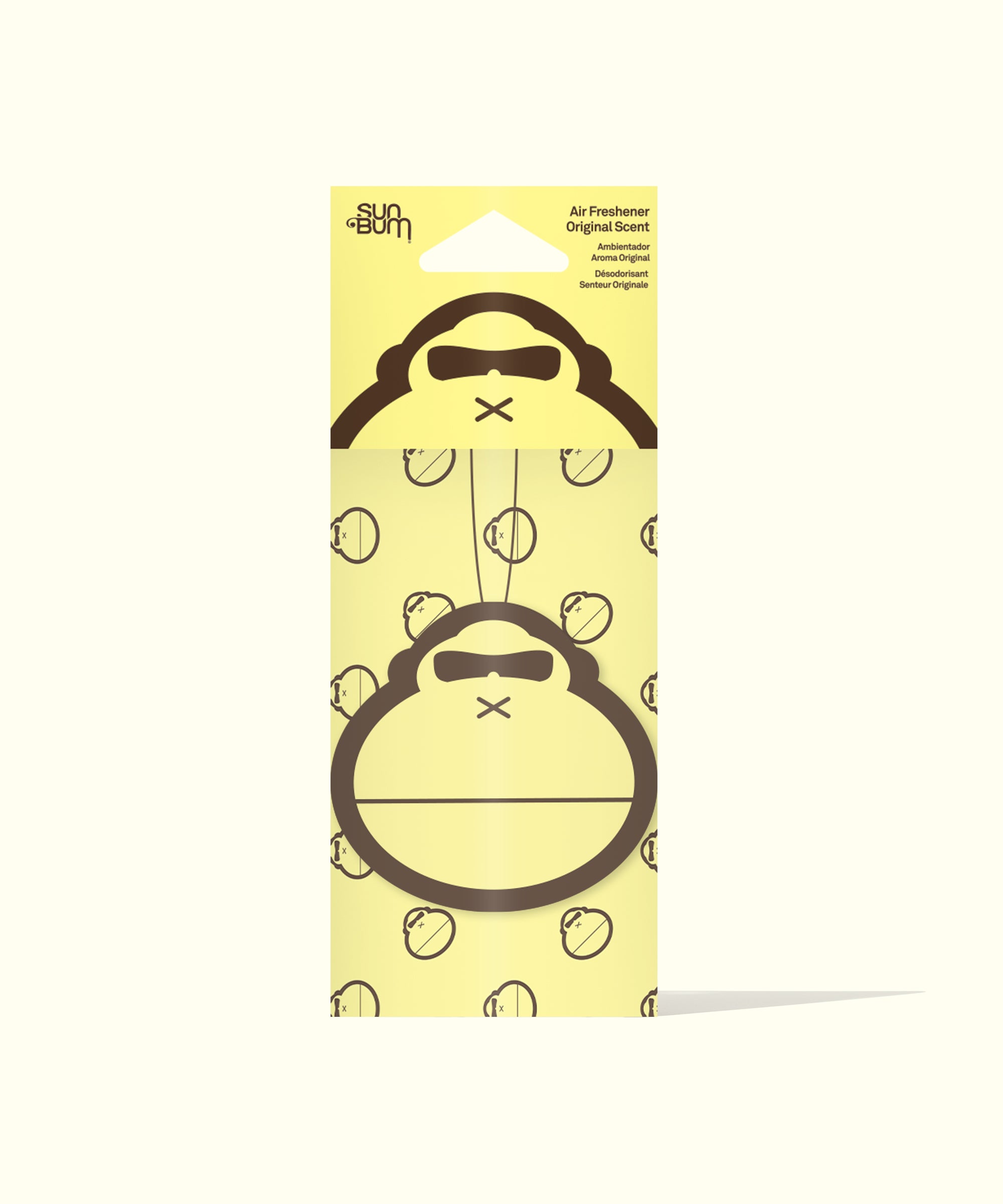 Sun Bum air freshener packaging with cartoon character on a white background