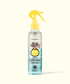 Sun Bum heat protector spray bottle with yellow nozzle on a white background