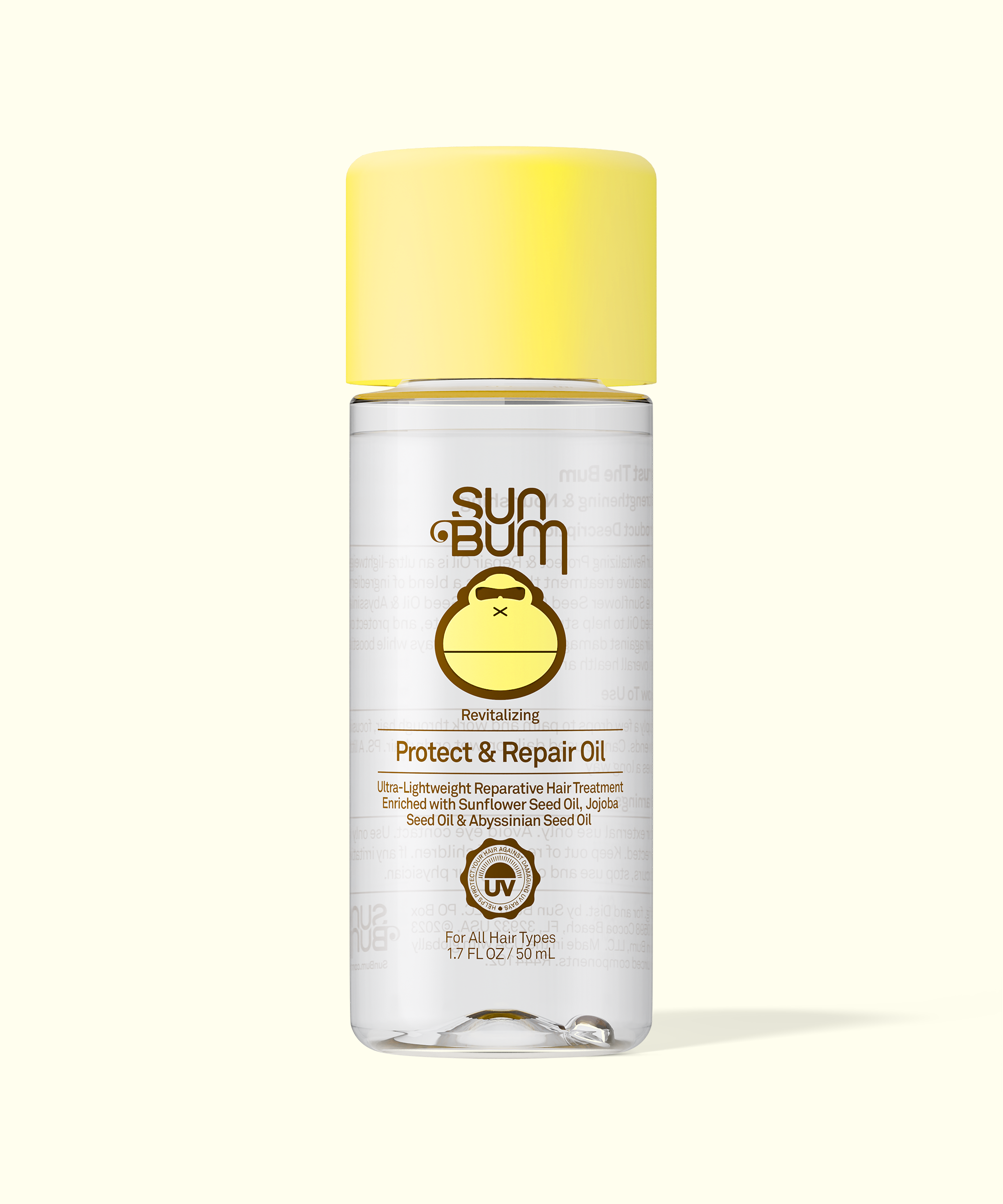 Sun Bum Protect & Repair Oil bottle with yellow cap on a white background
