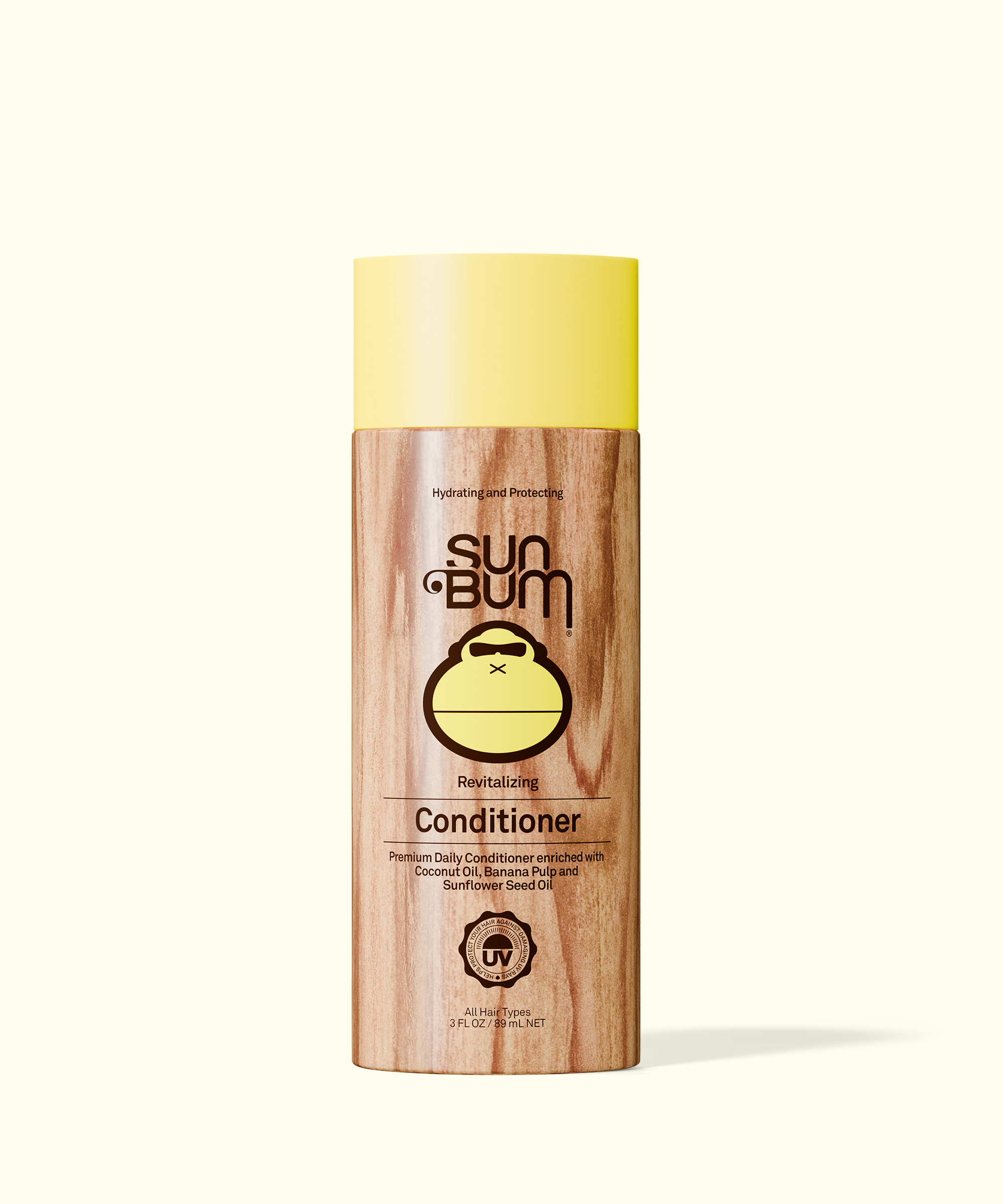Sun Bum conditioner bottle with yellow cap on a white background