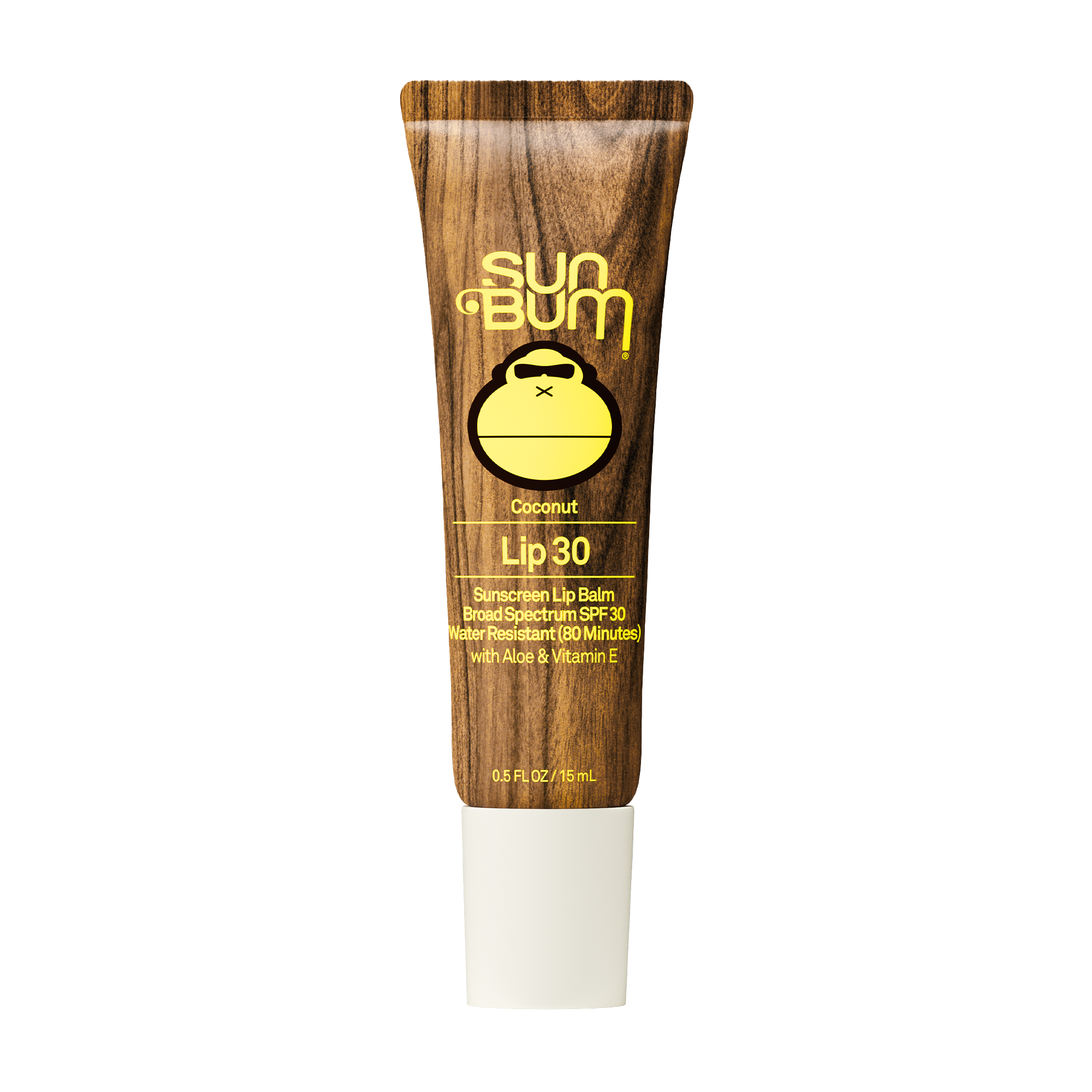 Sun Bum lip balm tube with wooden texture on a white background