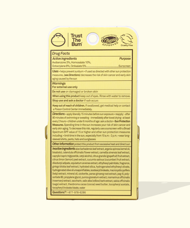 Original SPF 30 Sunscreen Lip Balm 3-Pack product information label showing detailed drug facts, active ingredients, usage directions, and warnings on a yellow background from Sun Bum