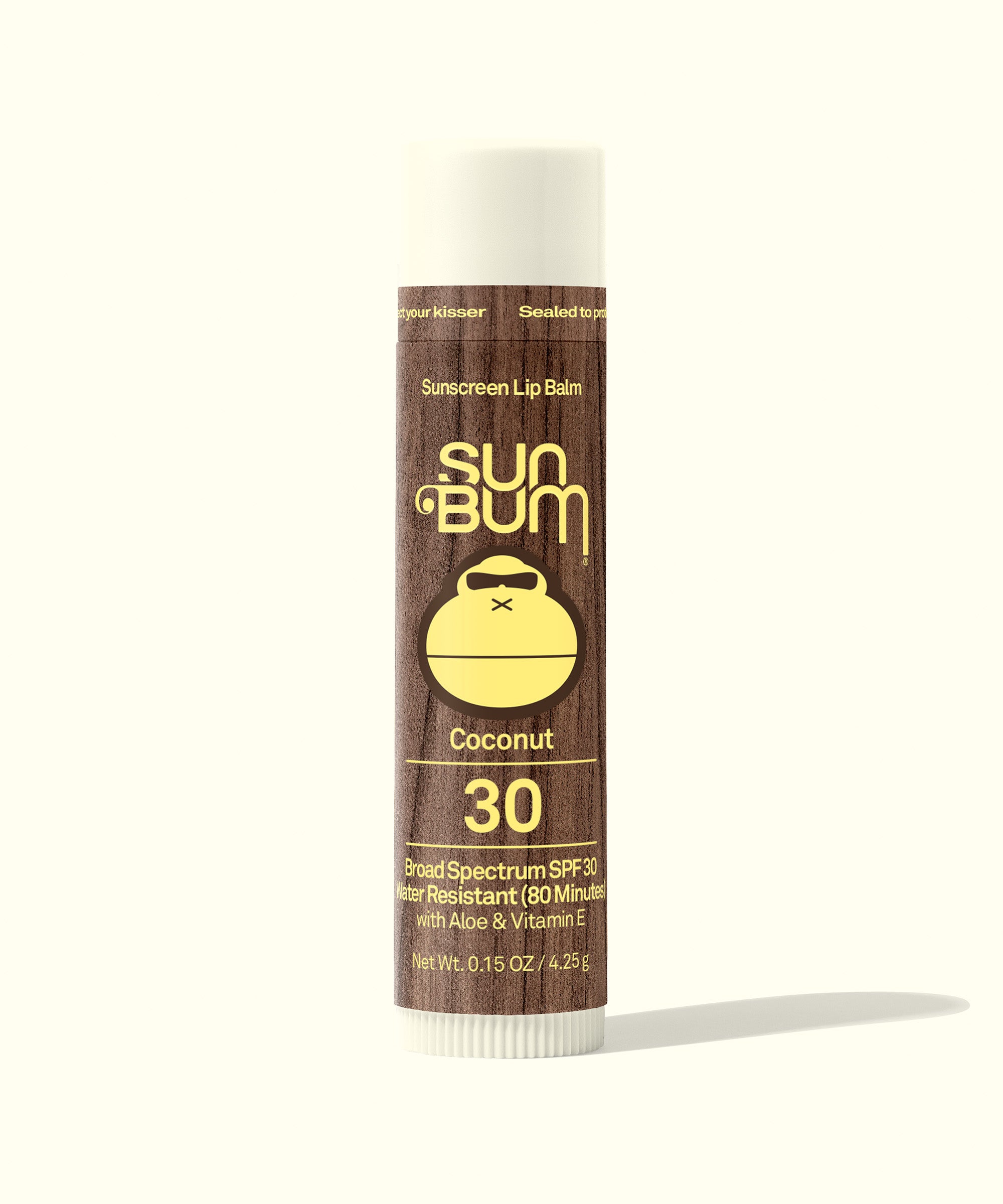 Sun Bum sunscreen lip balm tube on a white background