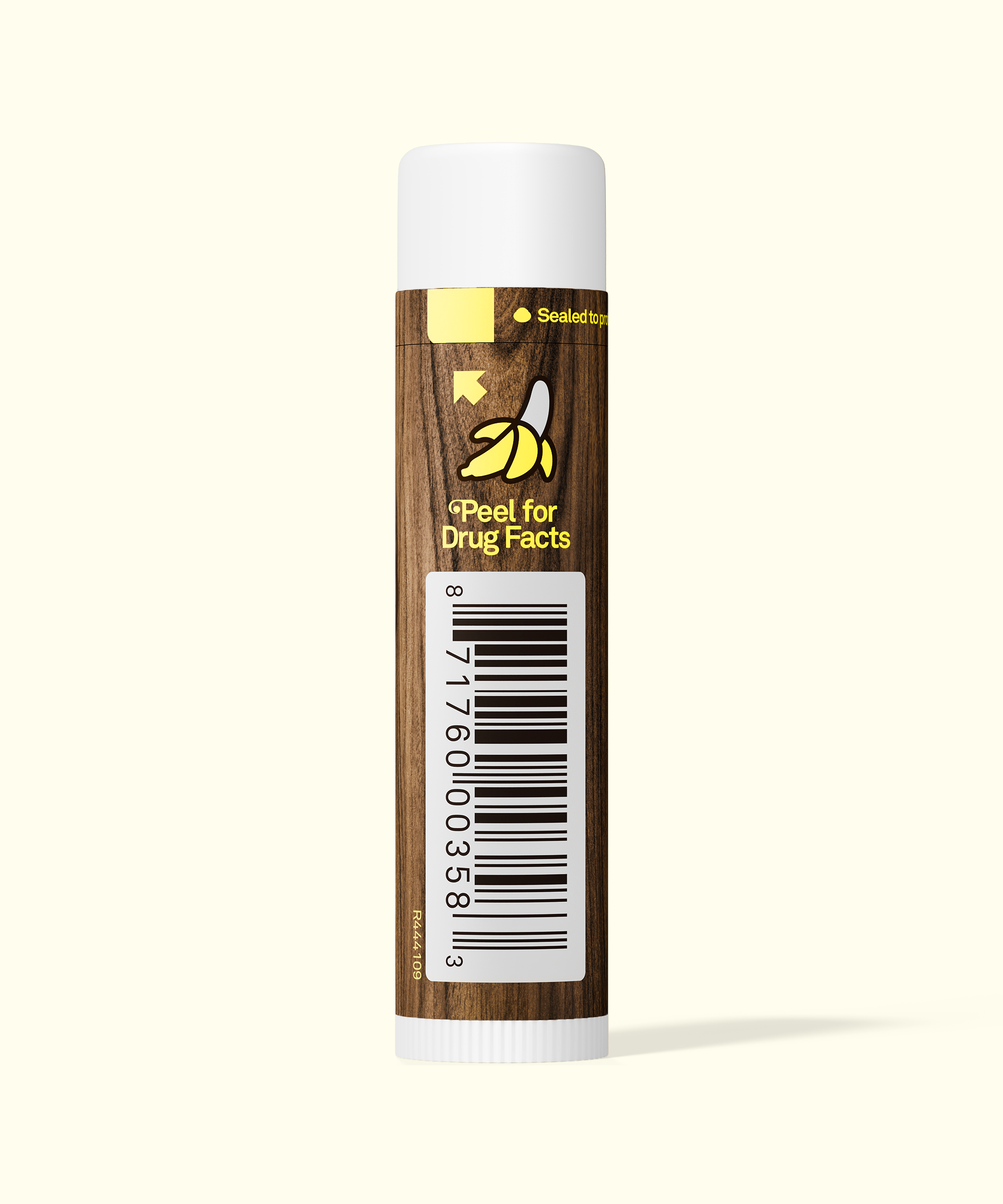 Lip balm with a wooden-textured label and barcode on a white background