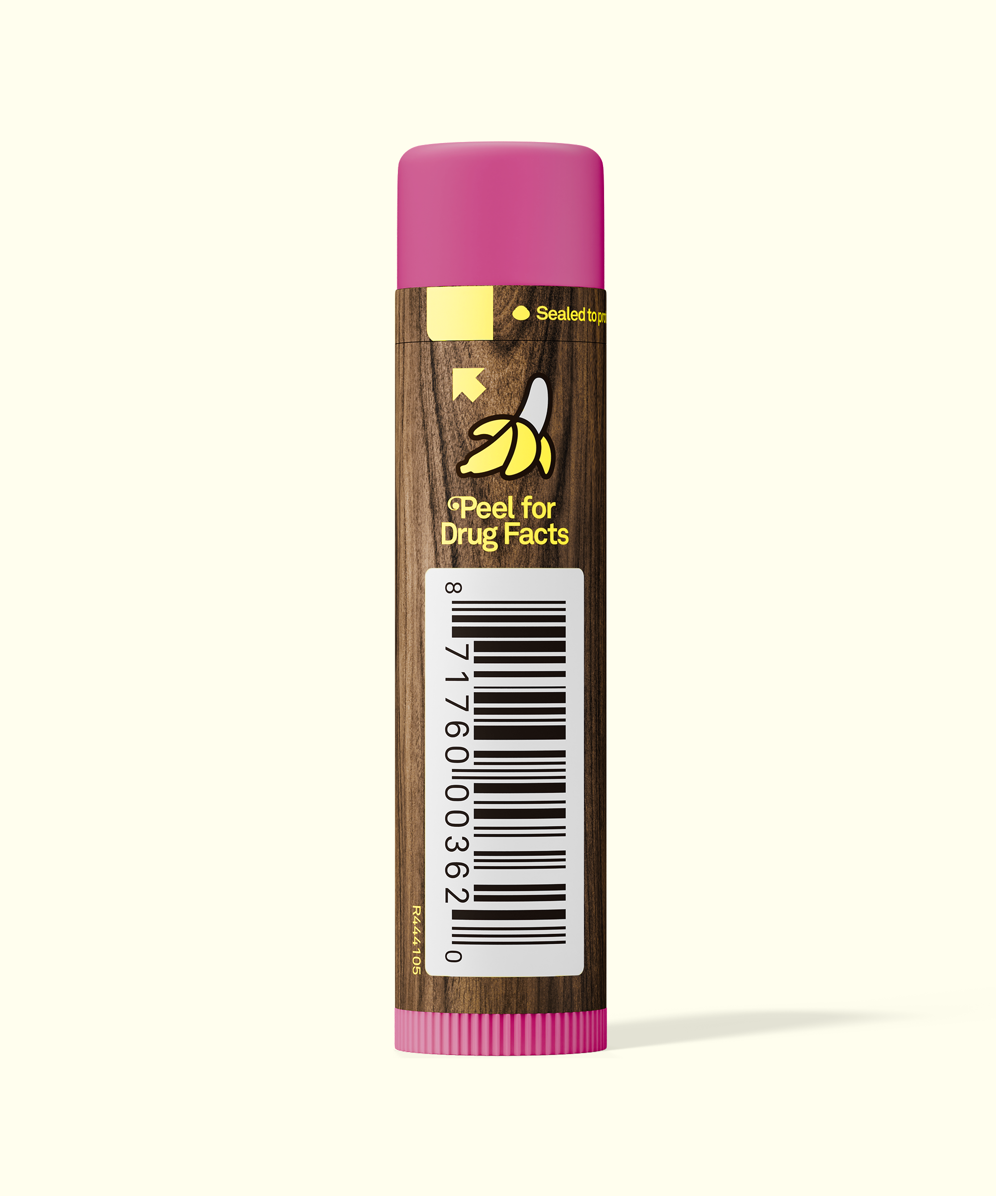 Lip balm with a brown label and pink cap on a white background