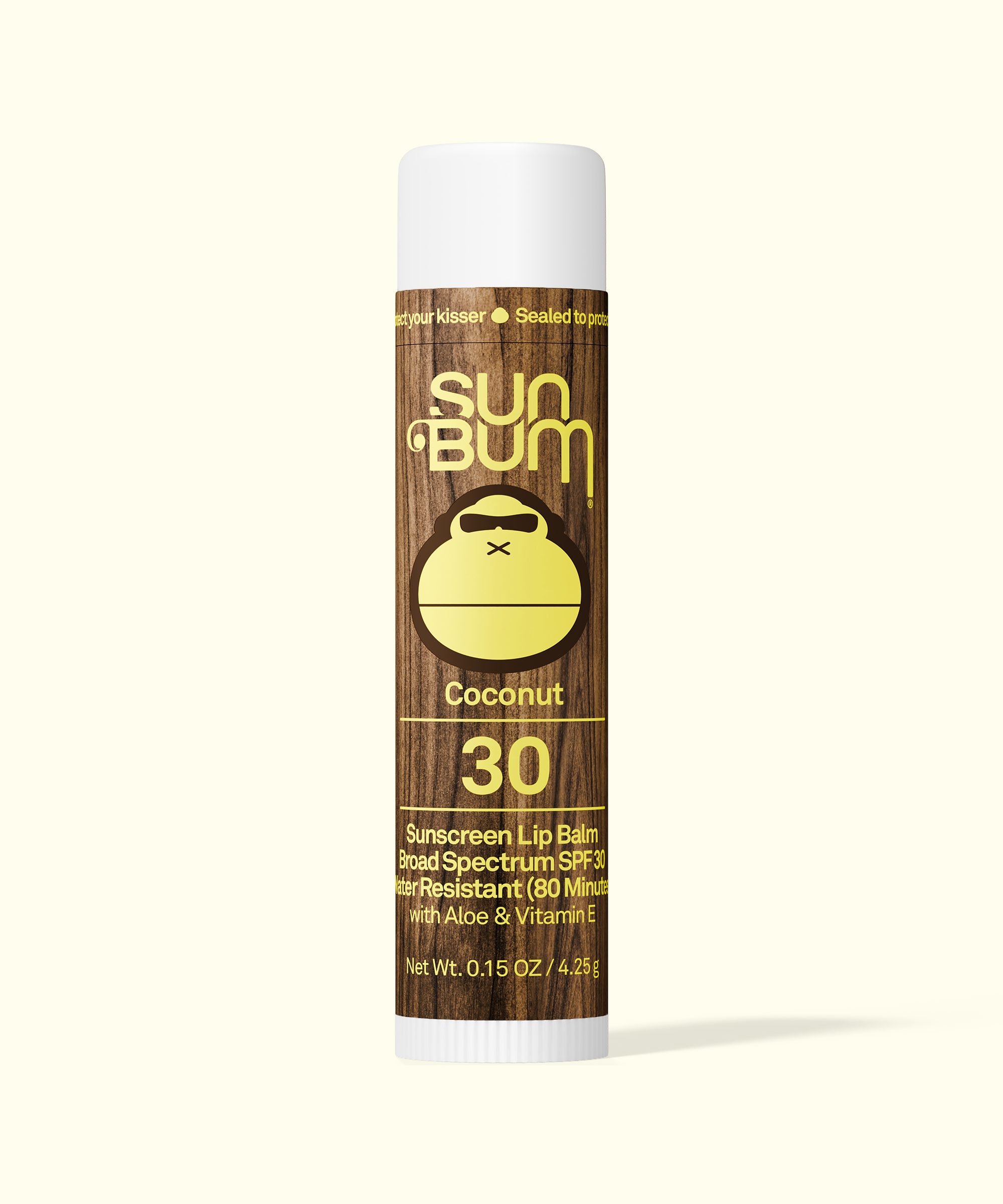Sun Bum sunscreen lip balm container with coconut design on a white background