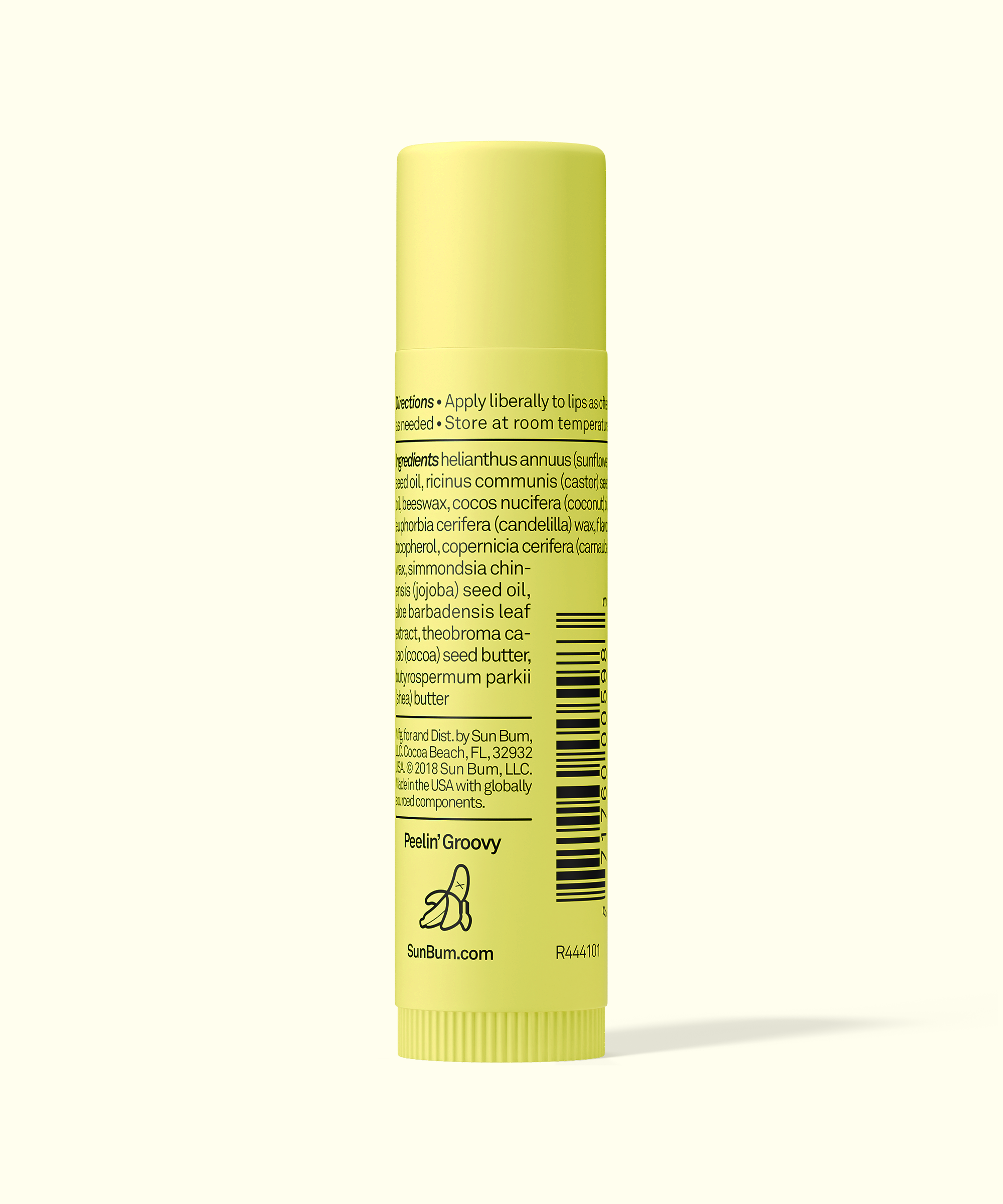 Yellow tube of lip balm with text on a white background
