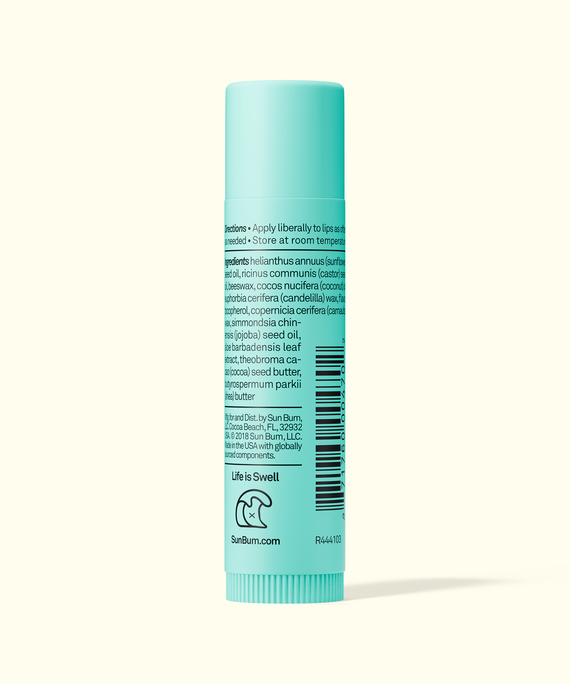 Blue tube with text and a barcode on a light green background