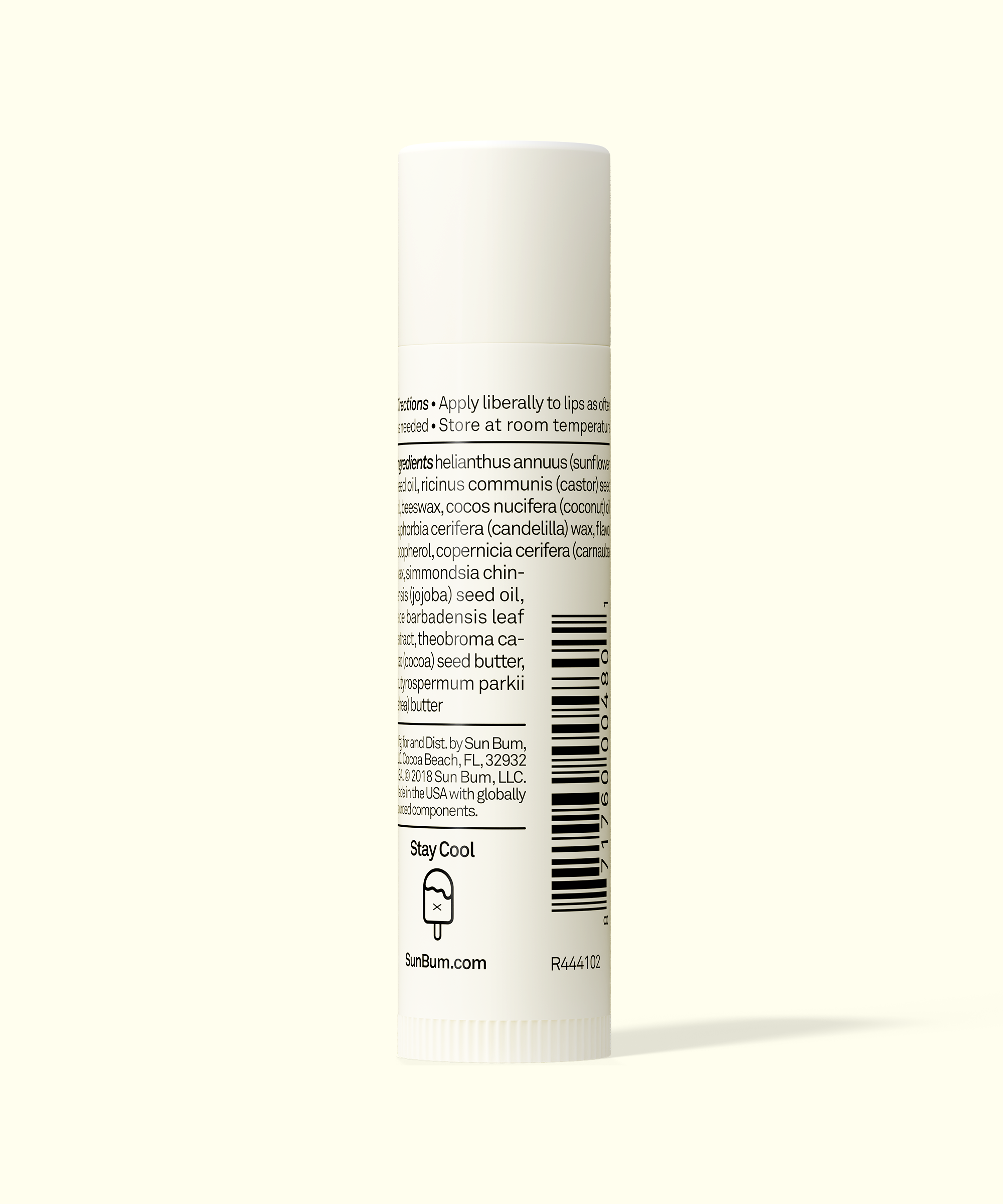 Back label of a Sun Bum lip balm tube on a white background