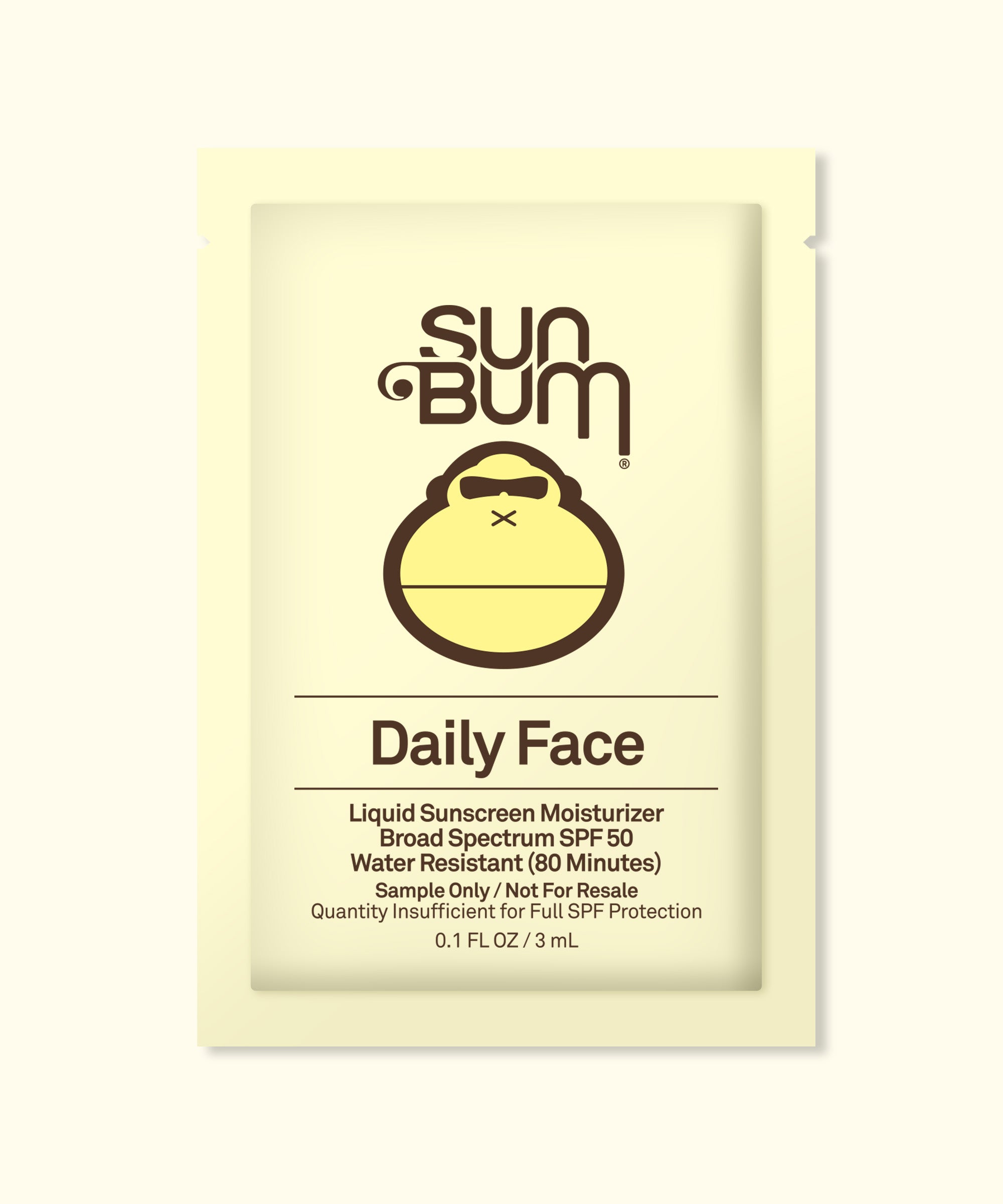 Sample packet of Daily 50 Face Lotion with SPF 50 by Sun Bum, offering 24-hour moisture and UVA/UVB protection.