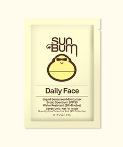 Sample packet of Daily 50 Face Lotion with SPF 50 by Sun Bum, offering 24-hour moisture and UVA/UVB protection.