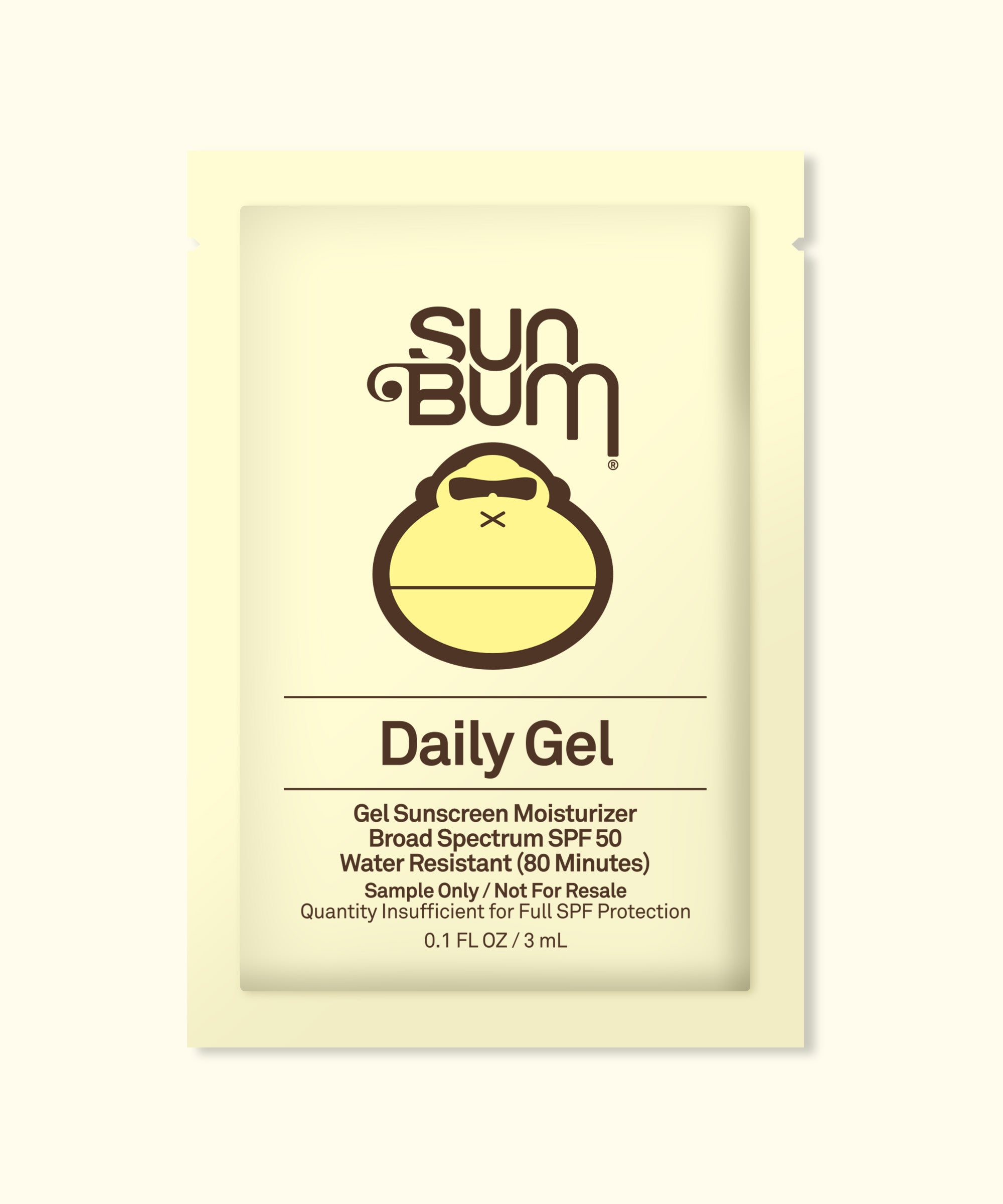Sample packet of Daily 50 Face Gel with Broad Spectrum SPF 50 by Sun Bum, designed to be matte, hydrating, and protective.