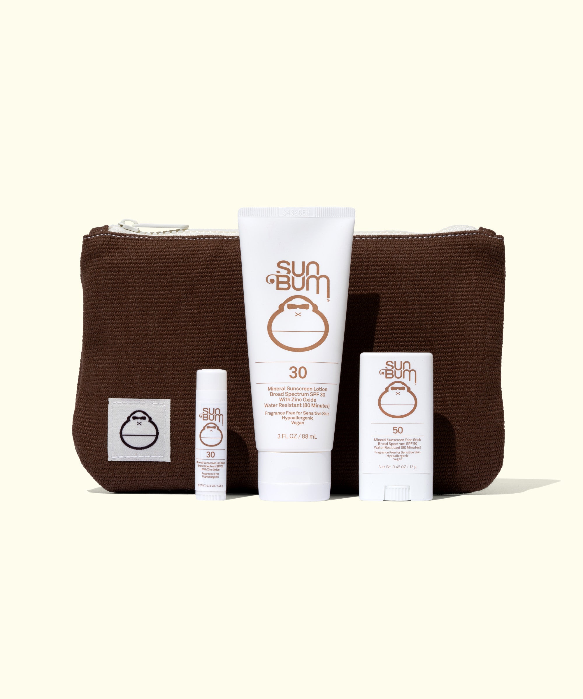 Sun Bum sunscreen products including a tube, bottle, and pouch on a white background