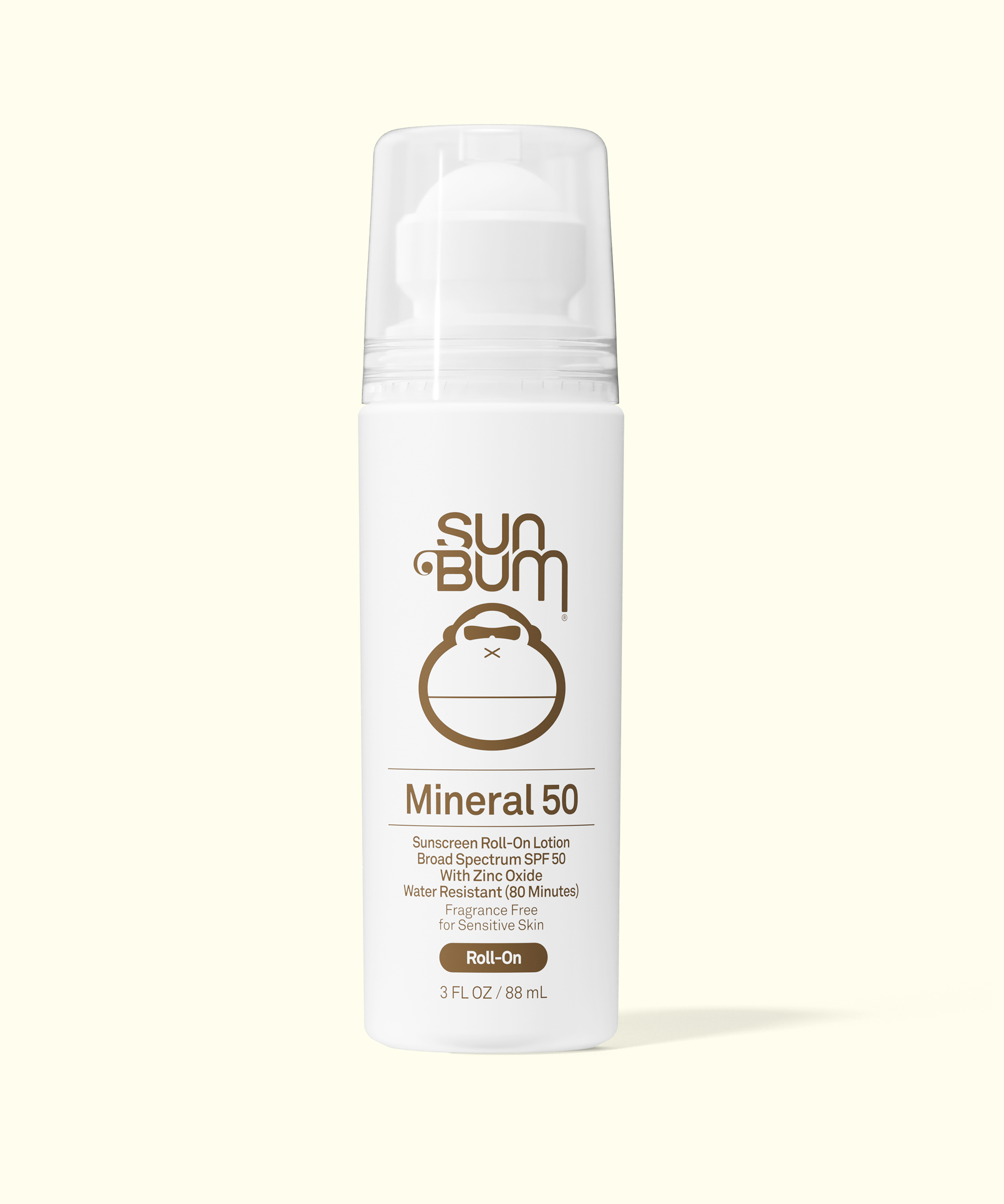 Sun Bum Mineral 50 sunscreen roll-on bottle on a white background
