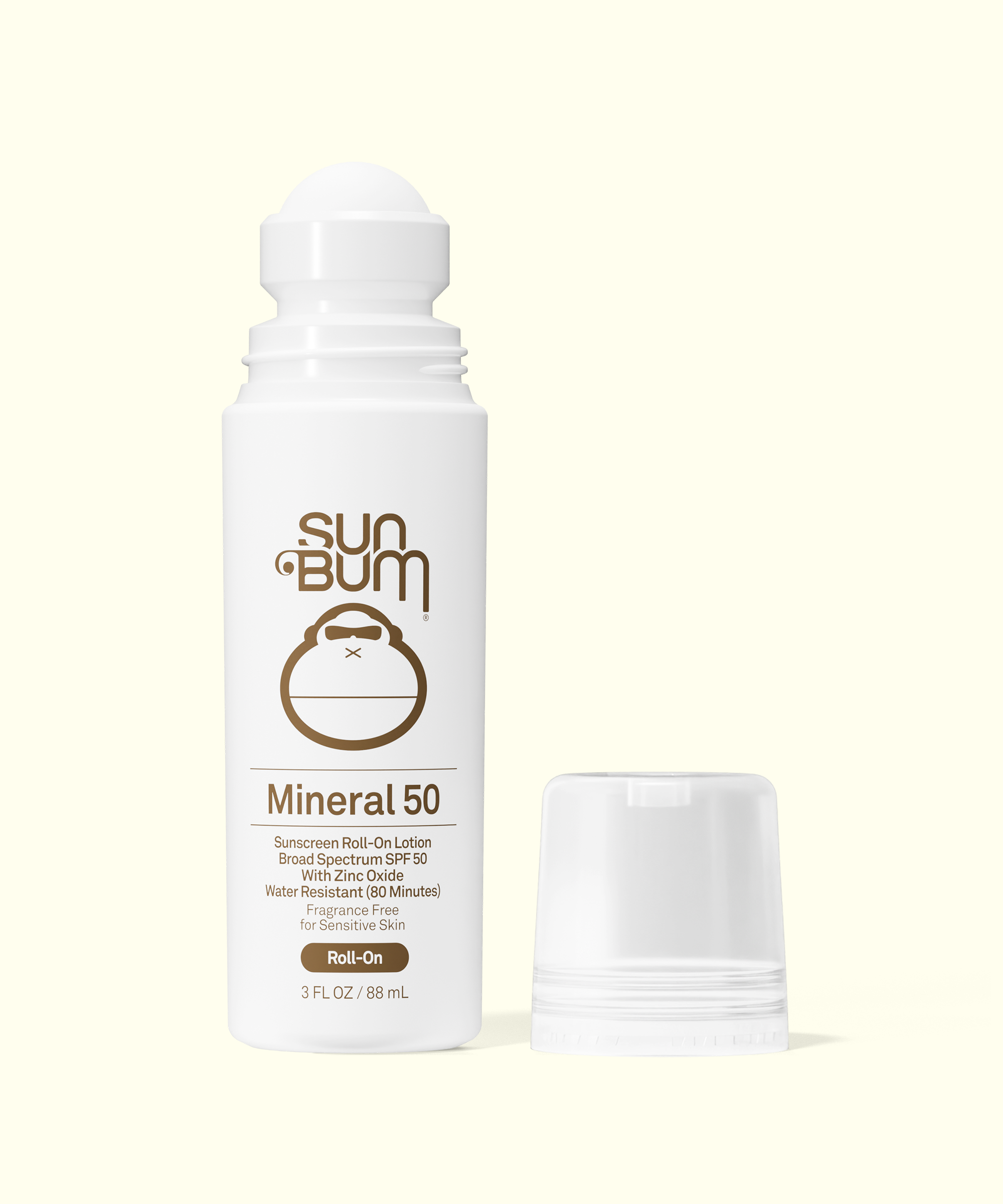 Sun Bum Mineral 50 sunscreen roll-on bottle on a white background
