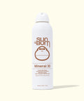Sun Bum Mineral 30 sunscreen spray bottle on a white background