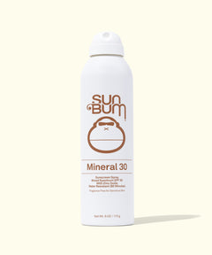 Sun Bum Mineral 30 sunscreen spray bottle on a white background