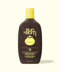 Sun Bum sunscreen lotion bottle with yellow cap and label on a white background