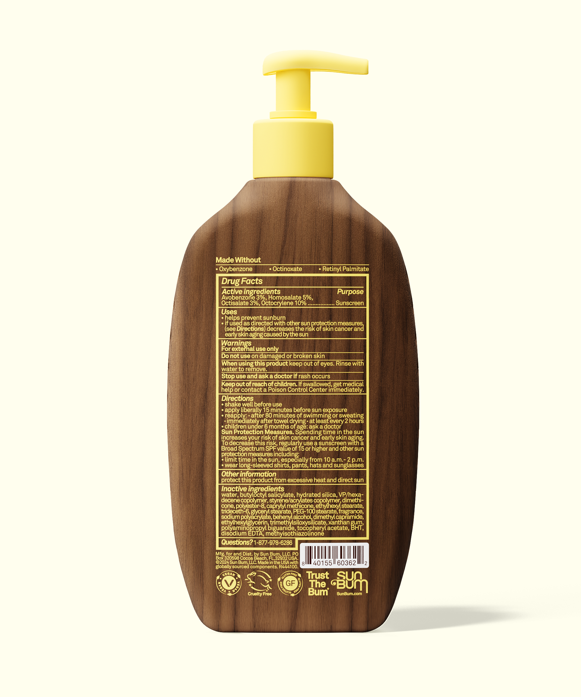 Back of Sun Bum Original SPF 30 Sunscreen Lotion bottle showing detailed usage and drug facts.
