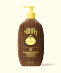 Sun Bum sunscreen lotion bottle with pump on a white background