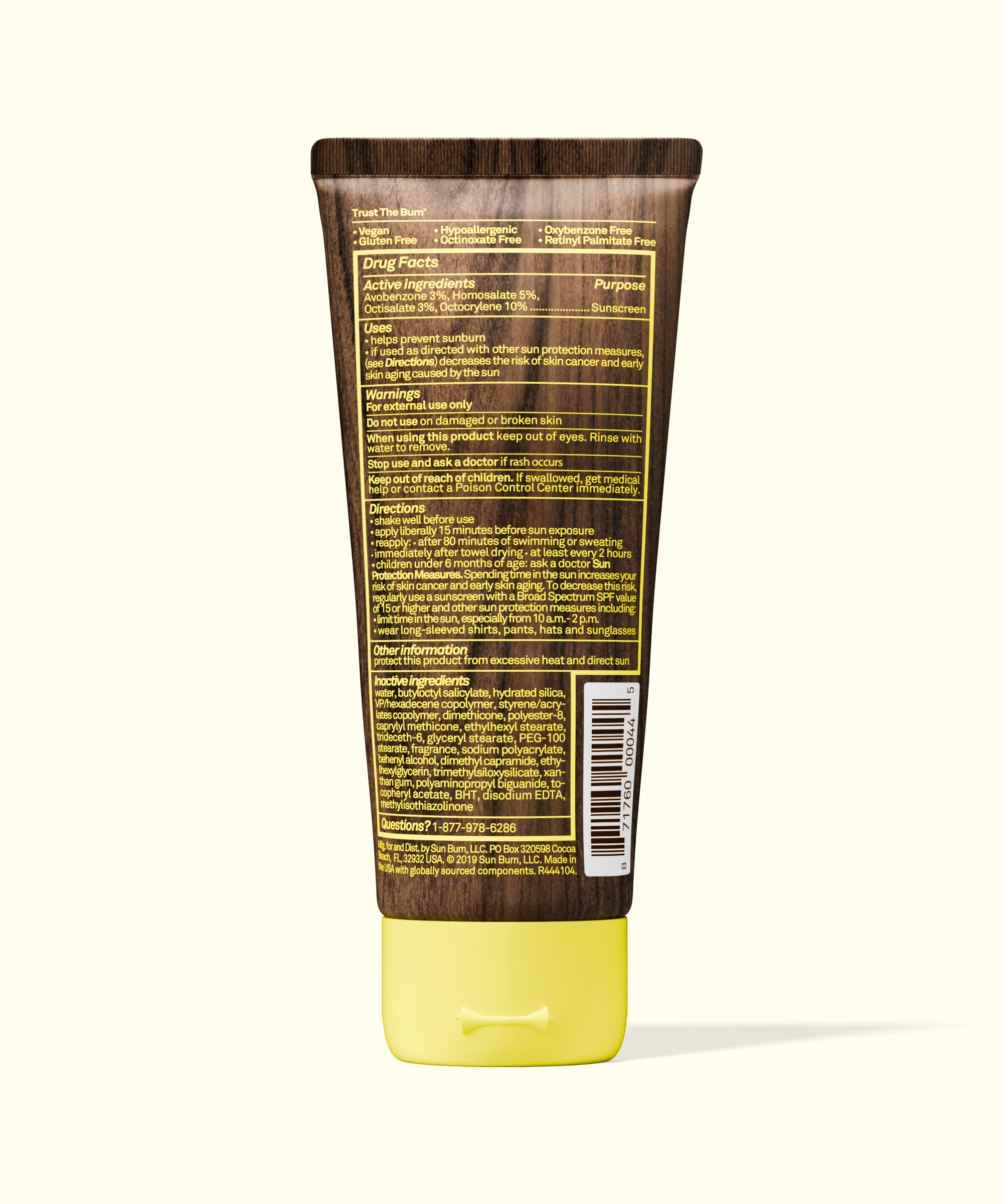 Back view of Sun Bum Original SPF 30 Sunscreen Lotion tube showing ingredients and usage instructions.