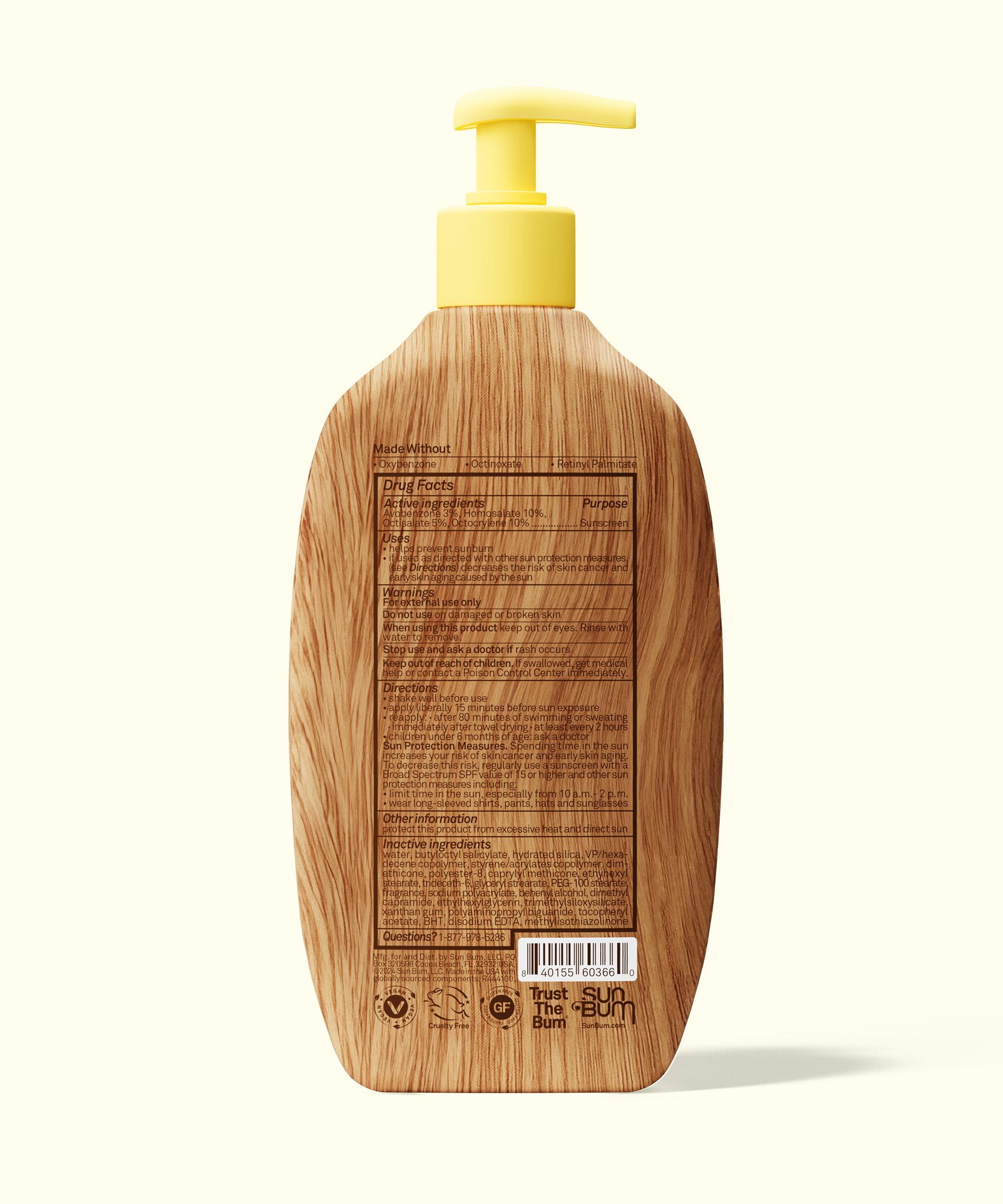 Back of Sun Bum Original SPF 50 Sunscreen Lotion bottle with yellow pump and wood-textured label details.