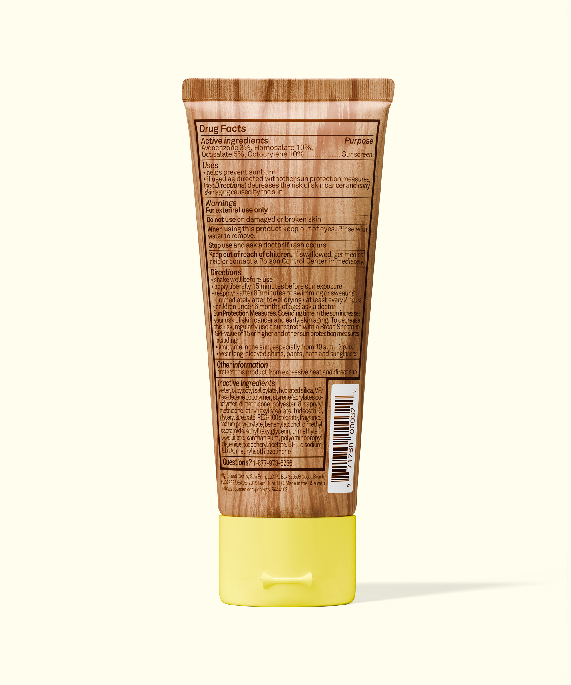 Back view of Sun Bum Original SPF 50 Sunscreen Lotion in brown tube with yellow cap showing ingredient and usage details.
