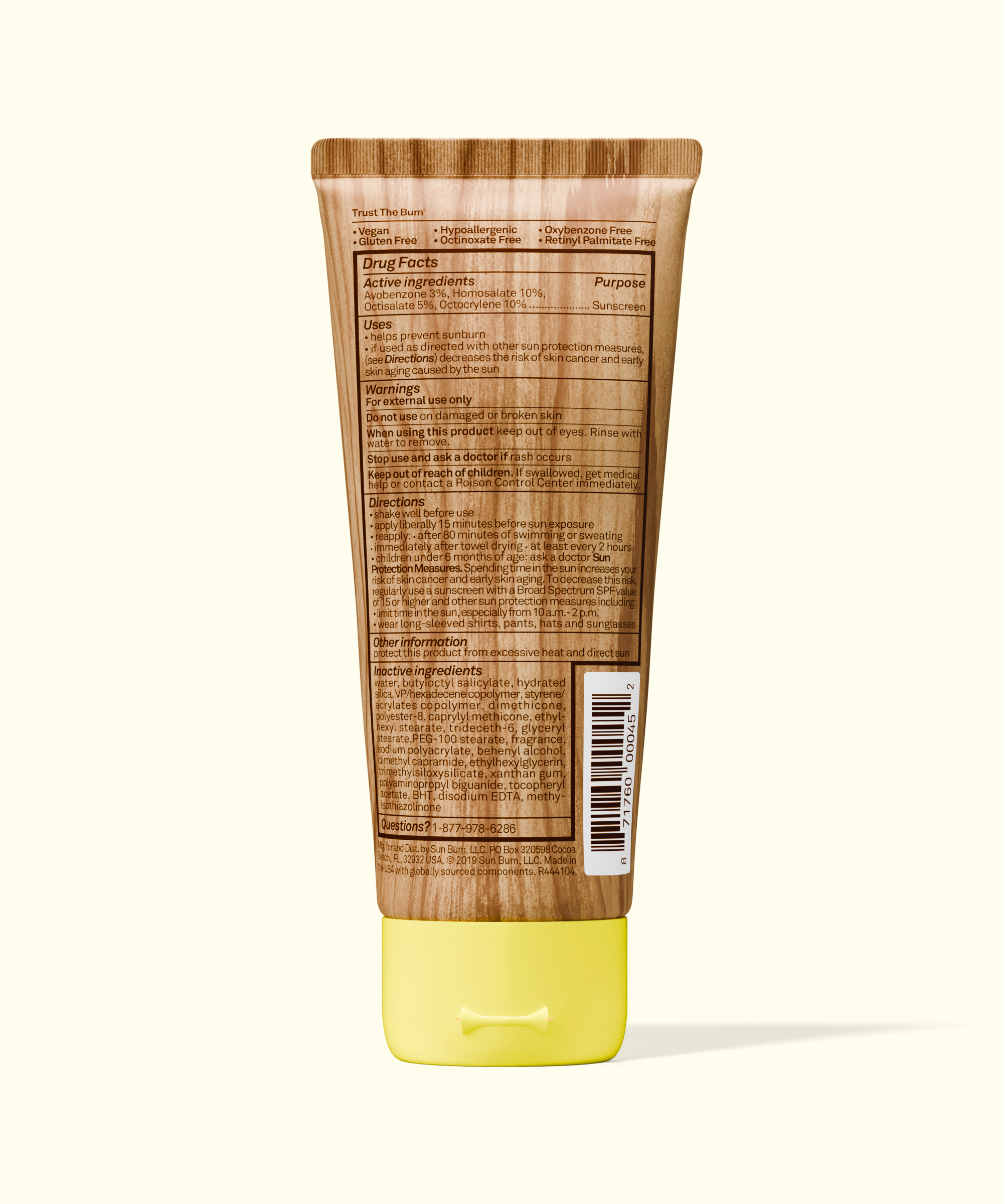 Back view of Sun Bum Original SPF 50 Sunscreen Lotion bottle showing usage instructions and ingredients.