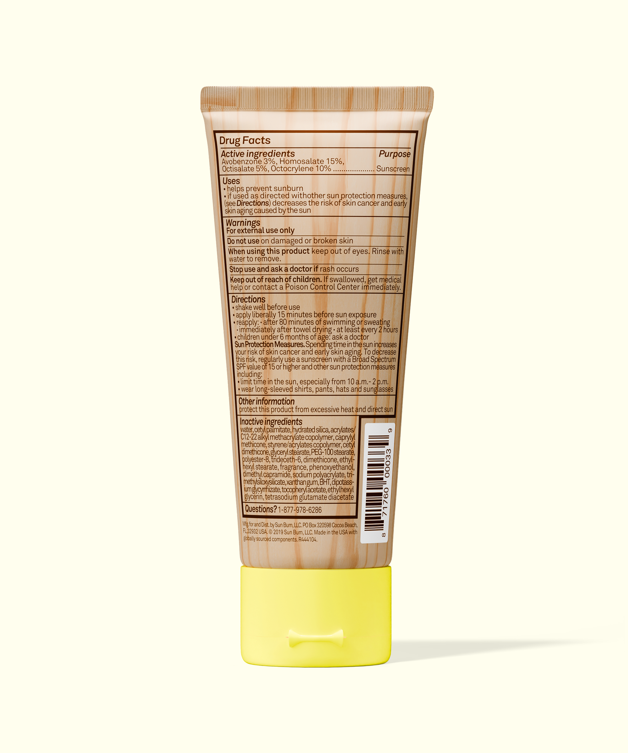 Back view of Sun Bum Original SPF 70 Sunscreen Lotion with detailed drug facts and usage instructions.