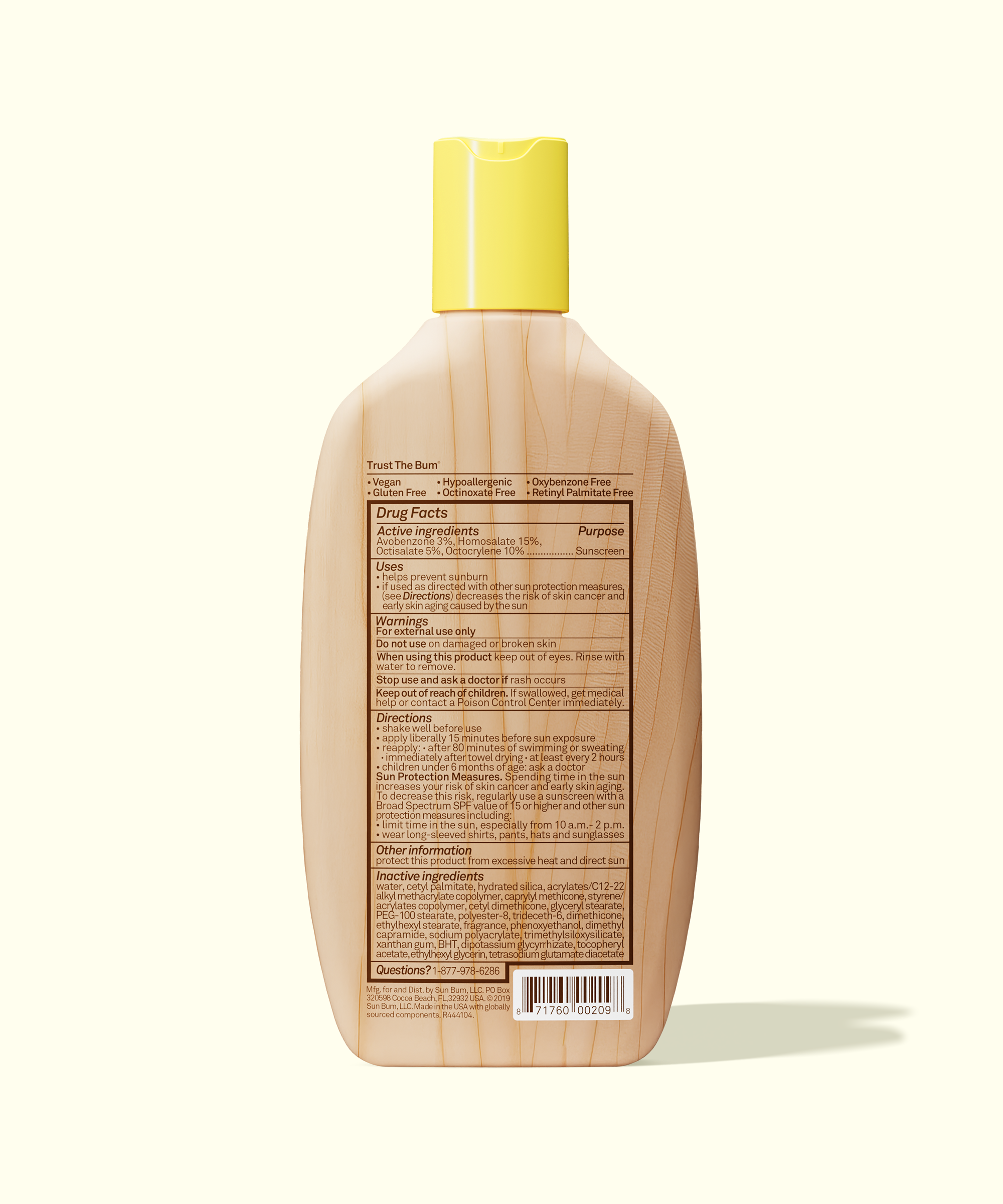 Bottle with a yellow cap and wooden-textured label on a white background