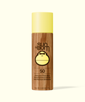 Sun Bum sunscreen face stick with wooden texture and yellow cap on a white background
