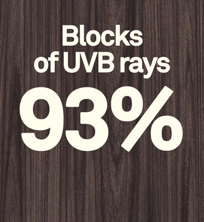 Wooden background with text 'Blocks of UVB rays 93%'