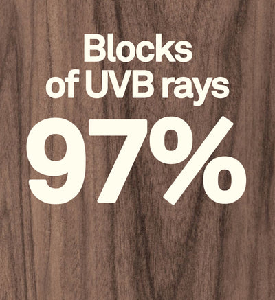 Wooden background with text 'Blocks of UVB rays 97%'