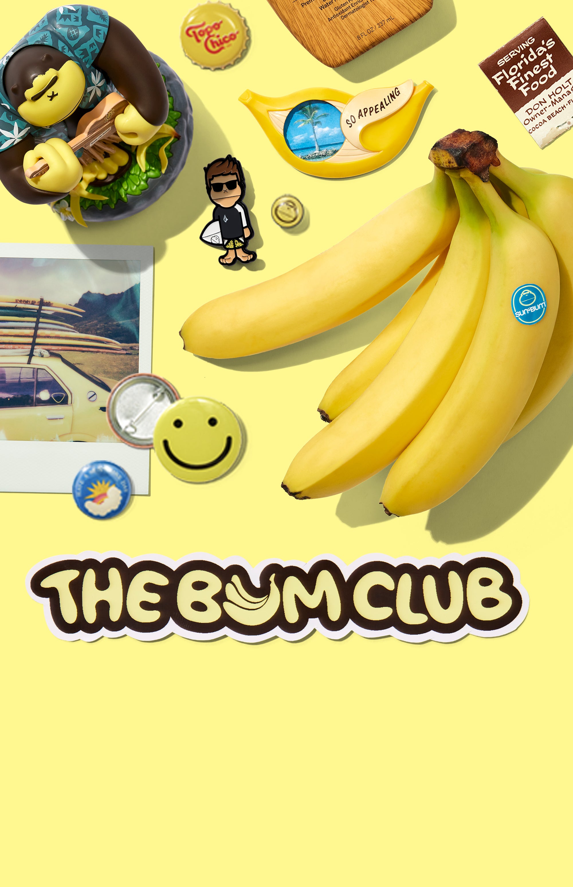 Bananas on a yellow background with 'The Bum Club' branding.