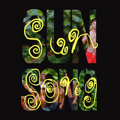 A graphic design featuring the words 'SUN' and 'SONG' in large yellow letters with spiral cutouts, filled with photos of people outdoors against a black background.